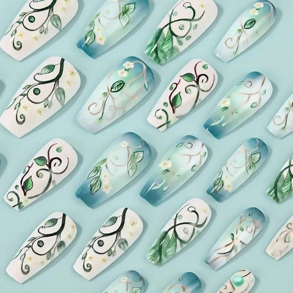 Green & Cream Floral Press On Nail Art Reusable 24 pc Ballet Medium Matte NWT - Picture 5 of 6